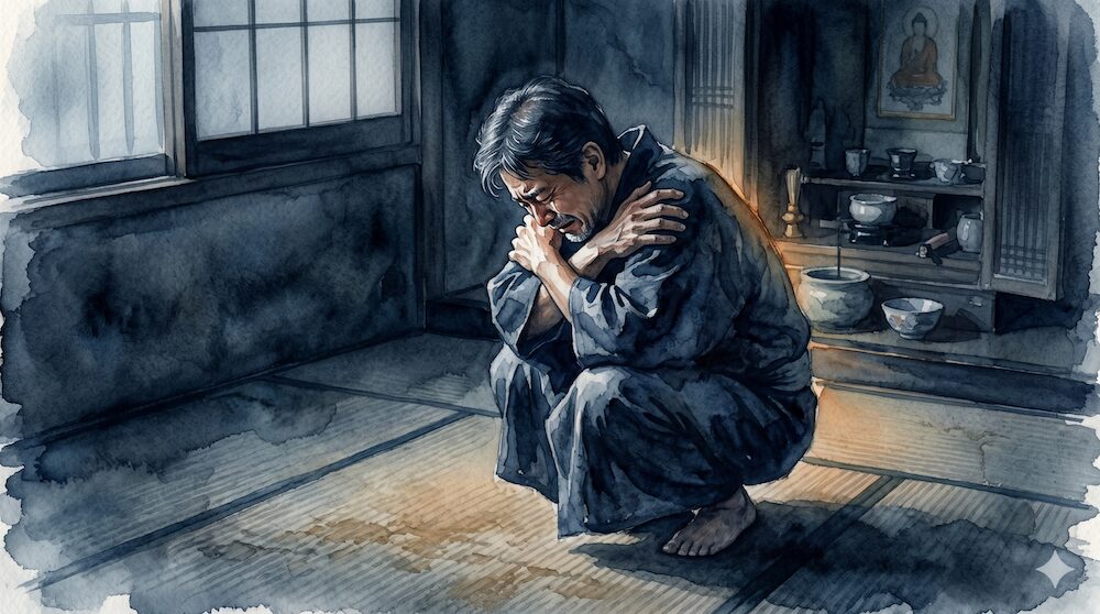 亡き妻に会いたいと孤独な夜に畳の上で泣き崩れる男性