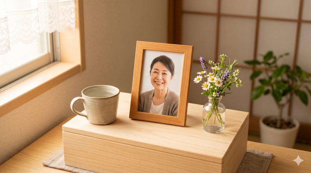 アパートのカラーボックスの上の小さな仏壇と写真