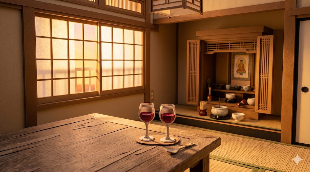 亡き妻との再会の供養として二つのグラスで乾杯する部屋