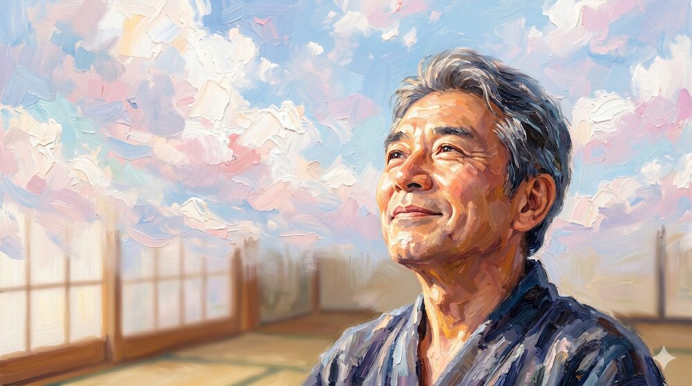 亡き妻への不滅の愛を胸に穏やかな笑顔で空を見上げる男性
