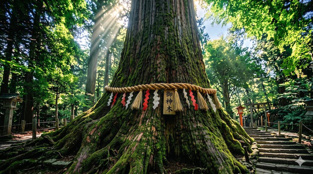 天高くそびえ立つ神社の巨大な御神木
