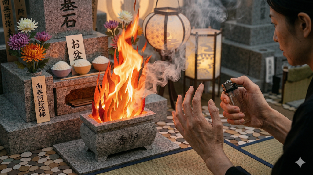 束ねた大量のお線香に火をつけた際、制御できないほどの大きな赤い炎が立ち上がっている様子。火災の危険を感じさせるほど激しく燃えるお線香の塊。