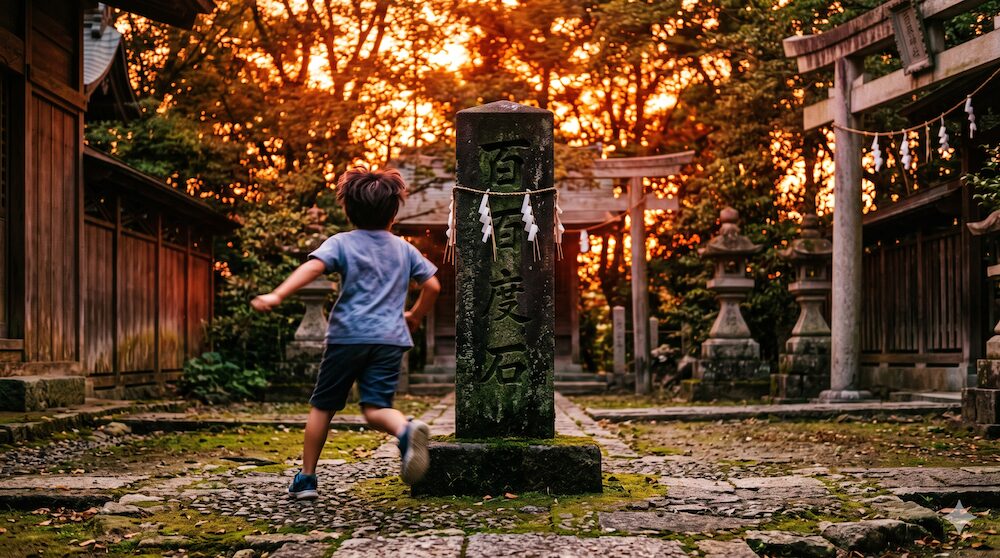 夕暮れの神社で百度石の周りを走る子供