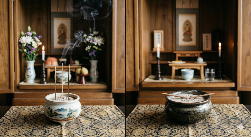 「【宗派別】お線香の立て方の比較画像。左は3本を三角形に立てる作法、右は1本を折って寝かせる浄土真宗の作法。」