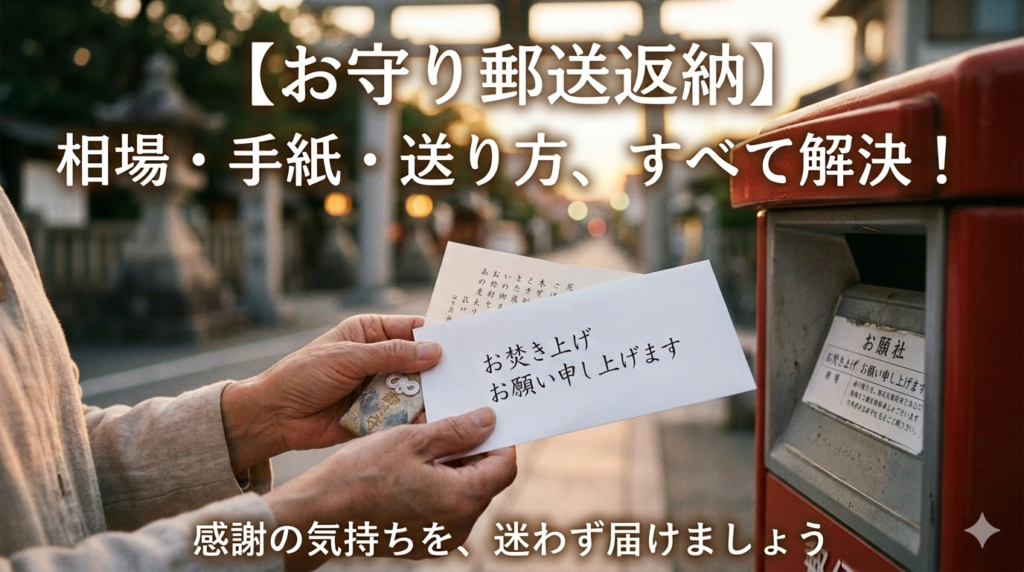 「お守りと感謝の手紙を両手で持ち、赤いポストへ投函しようとしている様子。背景には夕暮れの出雲大社の風景。」