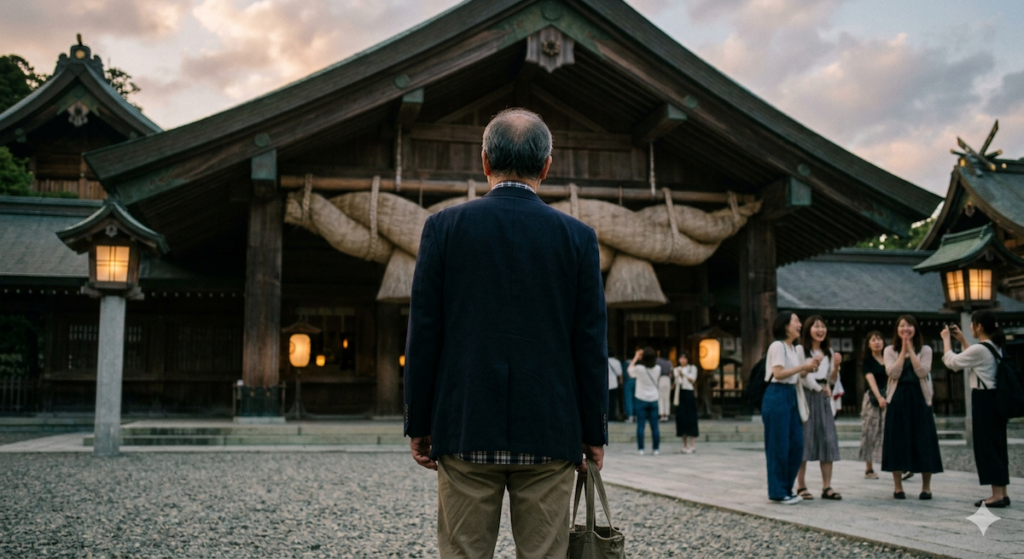 出雲大社の巨大な注連縄を背に立ち尽くす男性の背中と参拝客の女性たち
