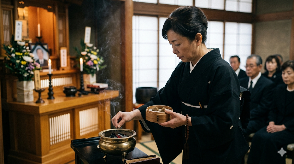 「真宗高田派の葬儀で、冬の静かな空気の中、3回のお焼香を行う手元の生写真風画像。宗派による作法の違いを解説。」