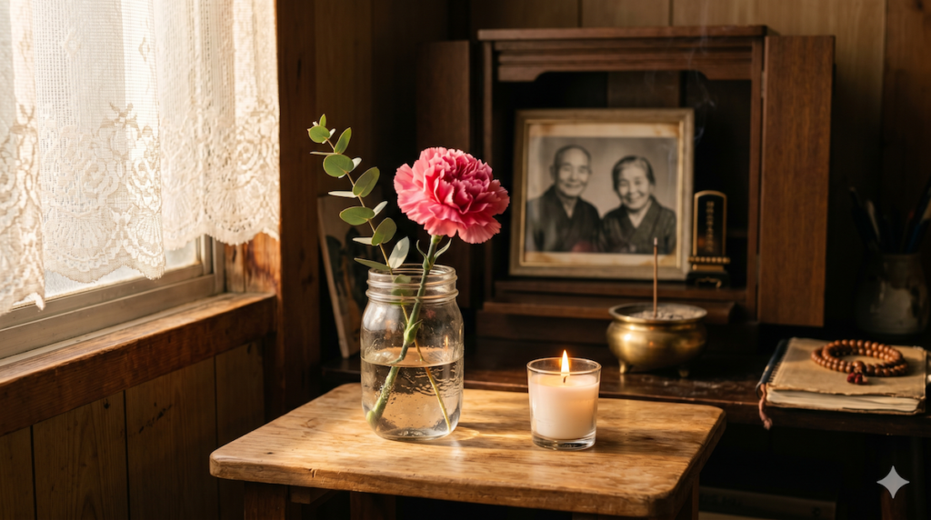 陽光が差し込む質素な部屋で、一輪の花とロウソクが灯る静かな祈りの風景