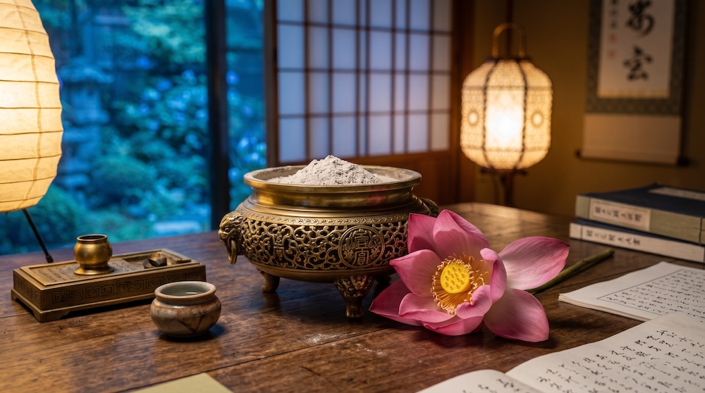 香炉に残る灰と役目を終えた美しい供花