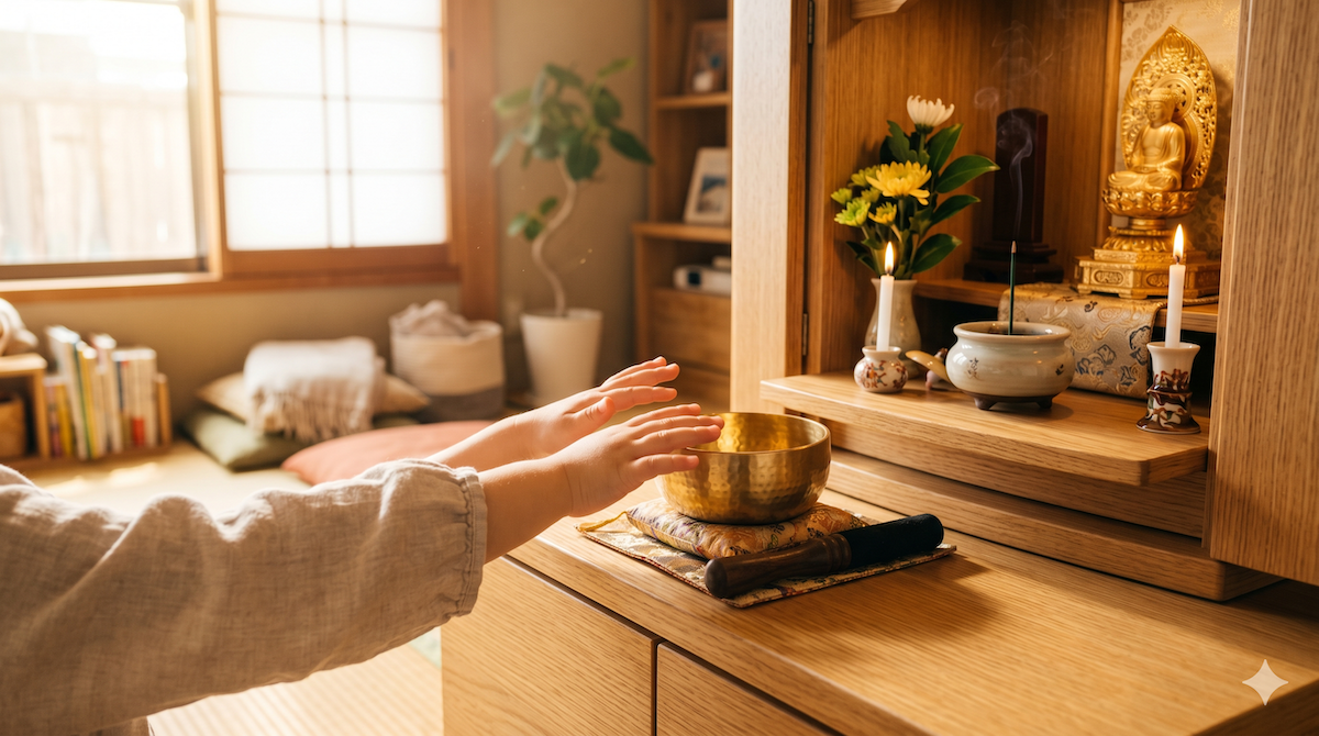 明るいリビングのモダンな仏壇に手を伸ばす幼い子供の手と、光り輝くおりんの生写真。