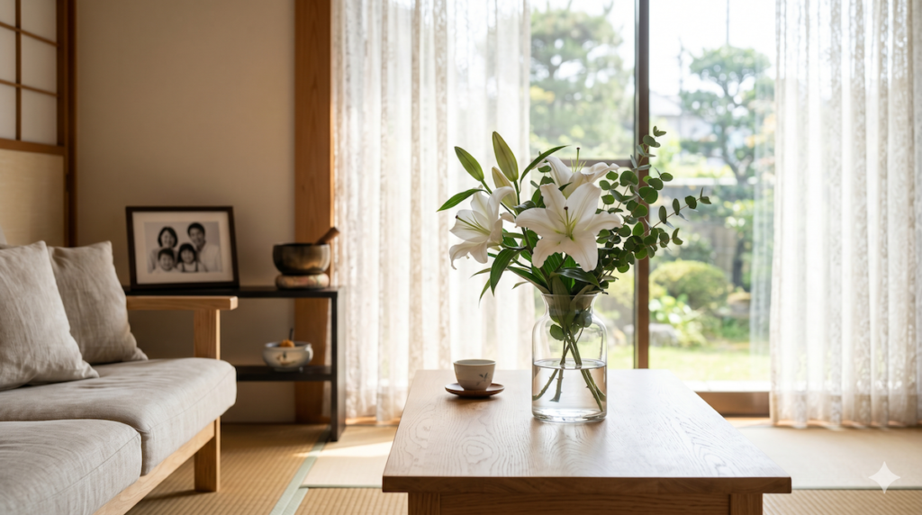 家族葬で香典辞退された際に寄り添う白い供花の風景