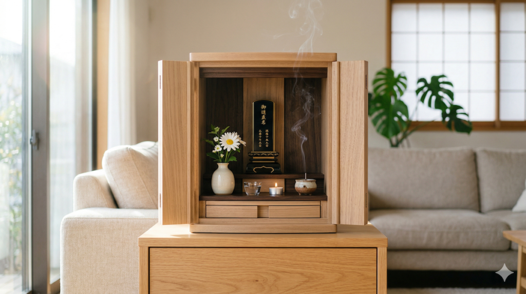 : 明るいリビングのチェストに置かれた現代的な小型仏壇と、そこに差し込む柔らかな朝の光。