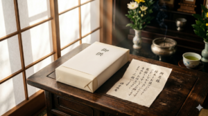 家族葬での香典辞退に対し、一筆箋を添えて用意された「御供」ののし付きお菓子のお供え物。