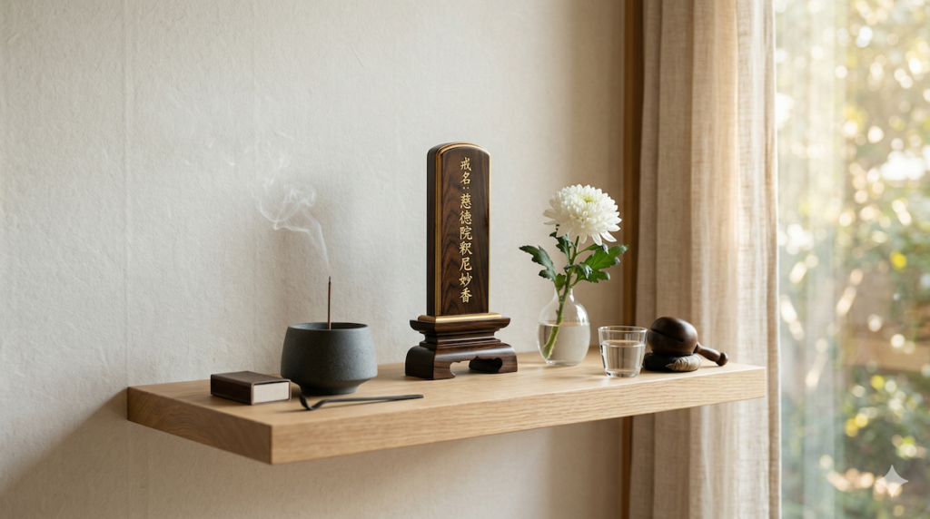 明るい光が差し込む部屋の棚に、大切に安置された位牌と一輪挿しの花の風景