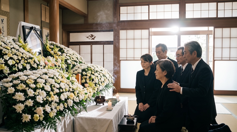 家族葬の白い菊の祭壇に寄り添う兄弟たち