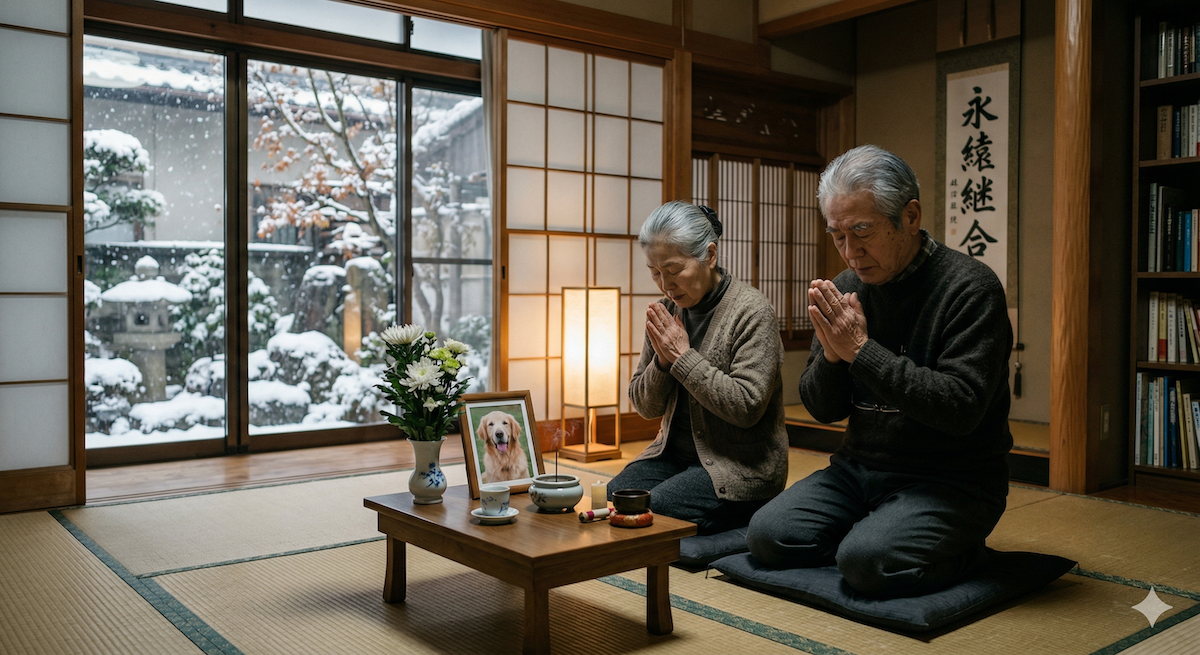 「和室で愛犬の遺影を前に静かに合掌する夫婦。法事ではない日常のお参りで、筆ペンで封筒を書き、新札の向きを整える所作に宿る深い愛と祈りを表現した生写真風画像。」