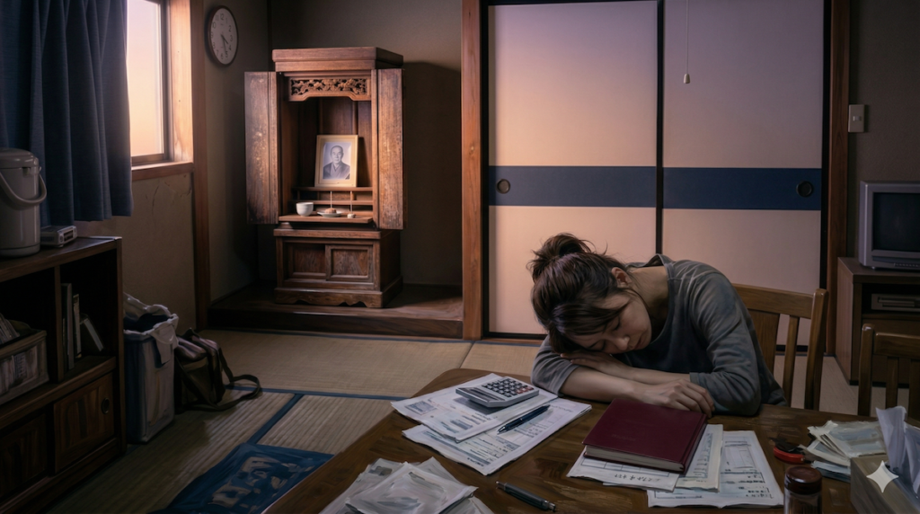 「深夜の薄暗いリビングで、赤字の家計簿を前に古い仏壇を見つめる。お金をかけられない仏壇処分の葛藤と愛の決断シーン。」