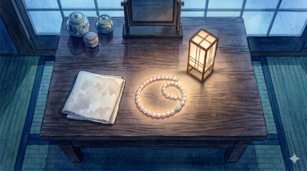 夜の鏡台で手入れを待つ真珠ネックレスと専用クロス