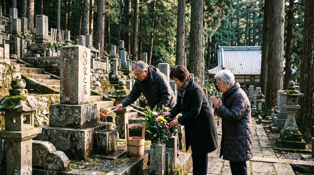 木漏れ日のさす墓地でお墓参りをする家族