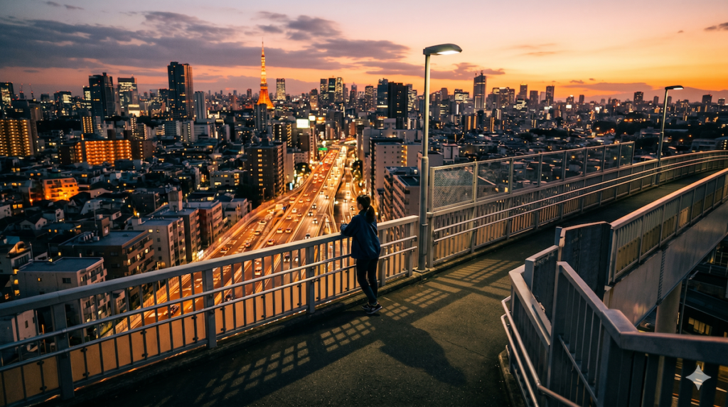 夕暮れの歩道橋に一人立つ人物と広がる街並み