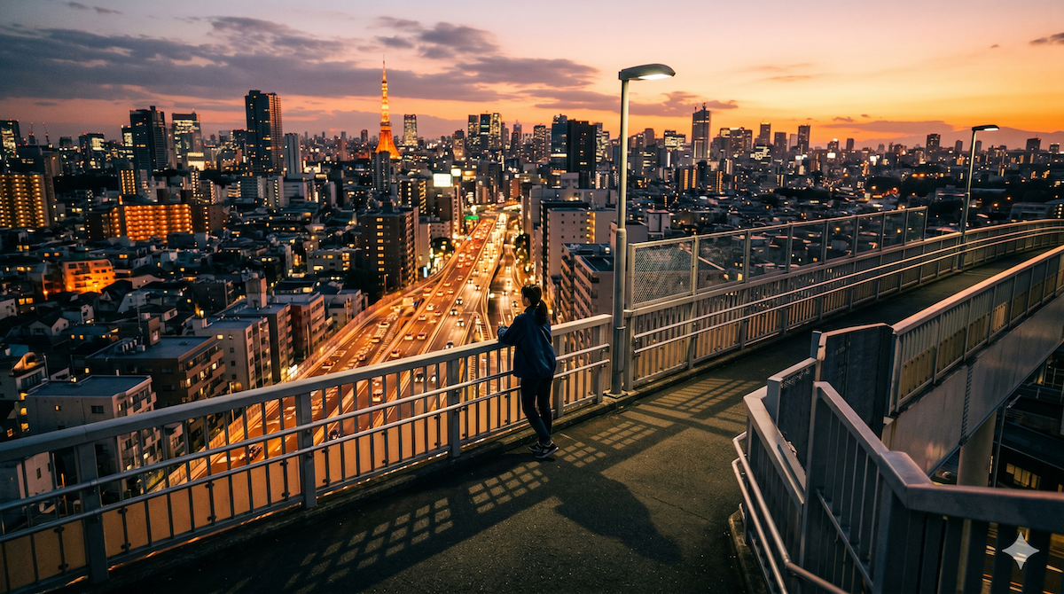 夕暮れの歩道橋に一人立つ人物と広がる街並み