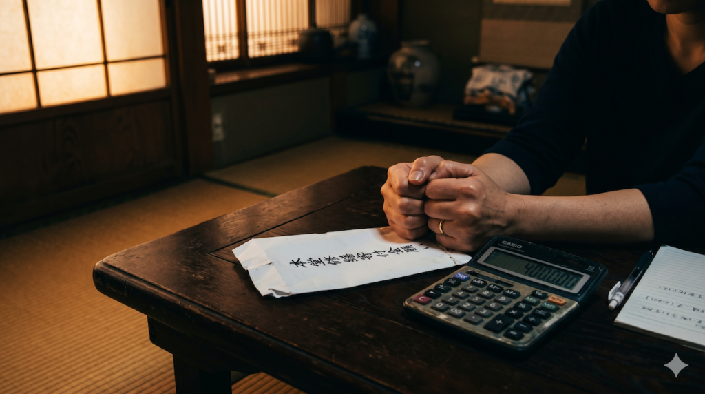 お寺からの高額な寄付金依頼の封筒と、電卓を前に悩む日本人女性の手元