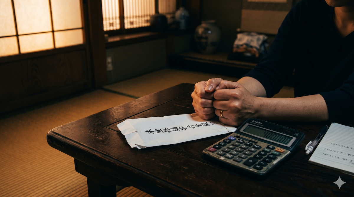 お寺からの高額な寄付金依頼の封筒と、電卓を前に悩む日本人女性の手元