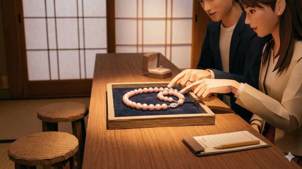 ジュエリーショップで真珠を選ぶ日本の若いカップル