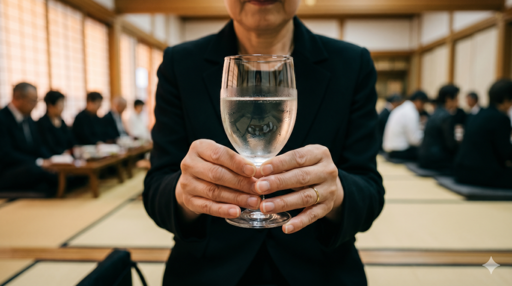 献杯の作法でグラスを胸元に持つ手元