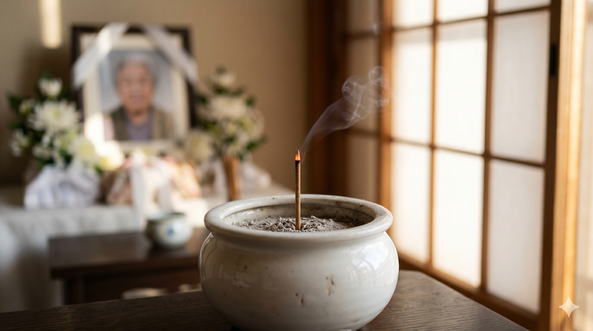 日本の住宅にある、白い陶器の香炉と線香が供えられた四十九日後の後飾り祭壇の風景