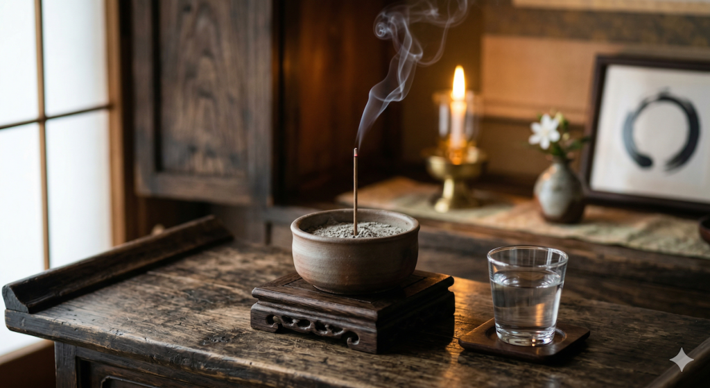 曹洞宗の仏壇に供えられた一本の線香から立ち上る煙と、奥で優しく灯るロウソクの火。静寂の中で行われる朝のお参りの風景