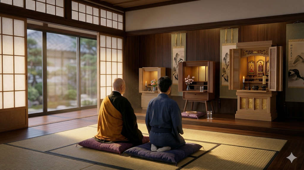 三つの仏壇が並ぶリビングで、お坊様と共に静かに手を合わせる風景。形式的な厳しさを超え、お互いの「納得」と「慈悲」で繋がる、現代の豊かで温かな祈りの体現。