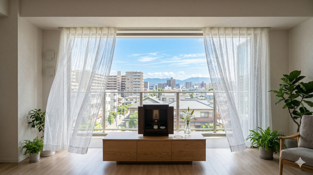 開き放たれたマンションの窓と、風にそよぐ白いカーテンが作る清らかな空間