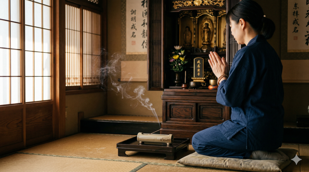 伝統的な日本の和室で、朝日を浴びながら仏壇の前で静かに手を合わせる人の手元と、寝かせて供えられた線香から立ち上る煙の写真。