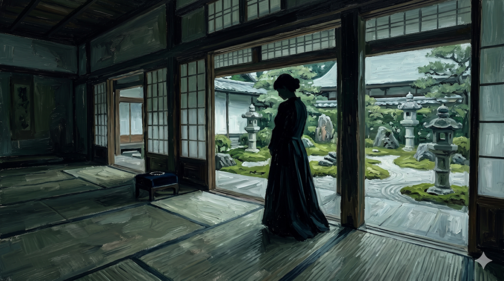 寺院の廊下で静かに佇むブラックフォーマルの女性