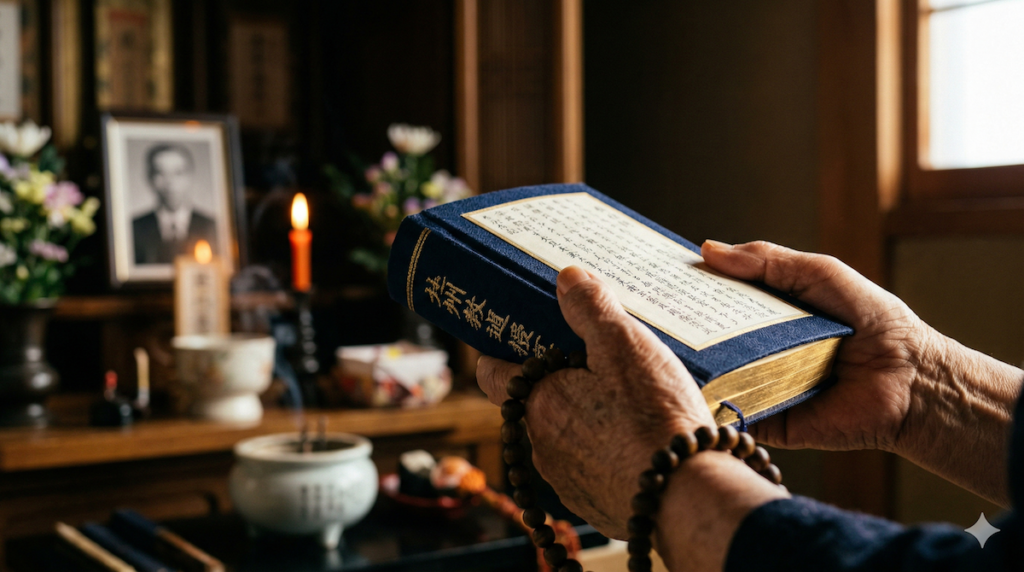 曹洞宗の仏壇の前でお経の本を大切に持つ日本人の手。温かい朝の光が差し込む様子。