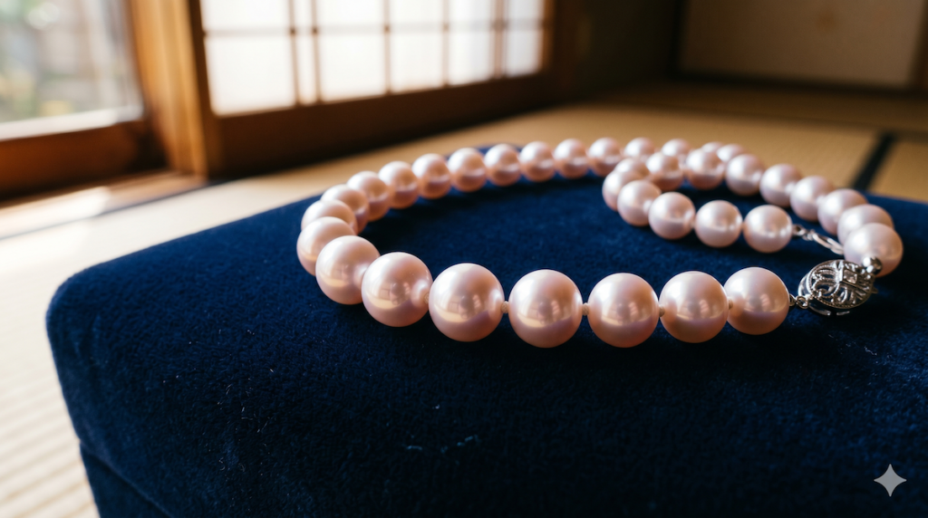 紺色のクッションに置かれたアコヤ真珠ネックレス