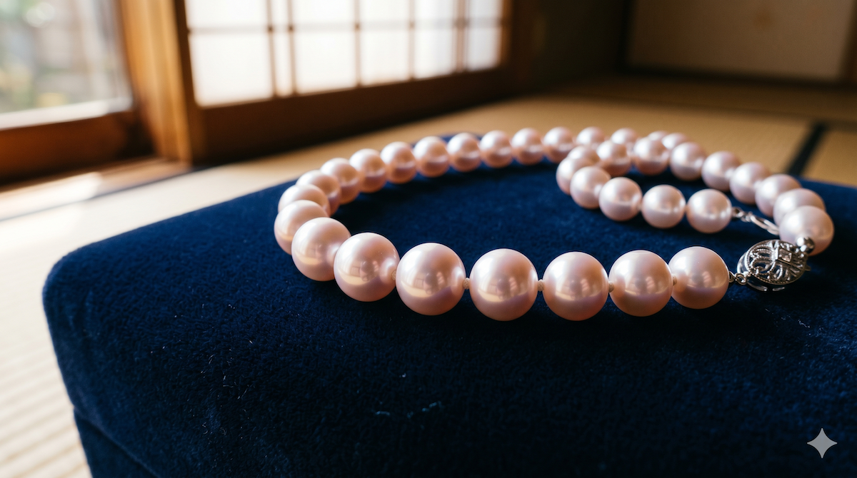 紺色のクッションに置かれたアコヤ真珠ネックレス