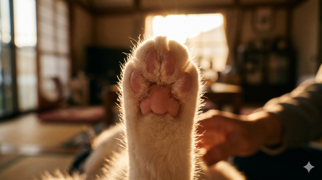 西日の当たる窓辺で、温かい光に透ける猫の柔らかい前足とピンク色の肉球。生前の愛おしい記憶を象徴する一枚。