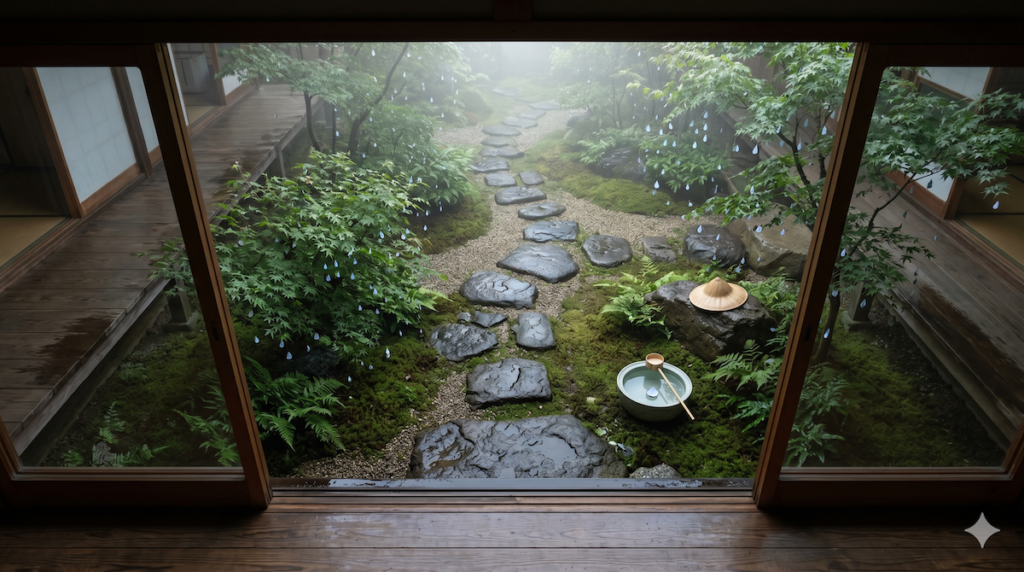 家族葬の悩みが晴れた後の清々しい雨上がりの庭