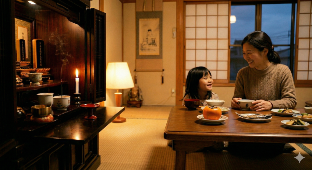 仏壇からお供え物の果物を下げ、家族で分け合おうとする様子。お供えを「お下がり」として大切にいただく、温かな家庭の供養。