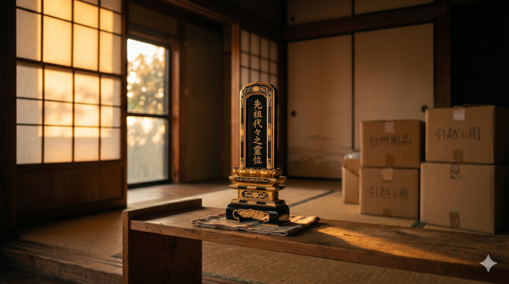 暮れ時の実家で、静かに佇む二つの位牌と優しく差し込む光。