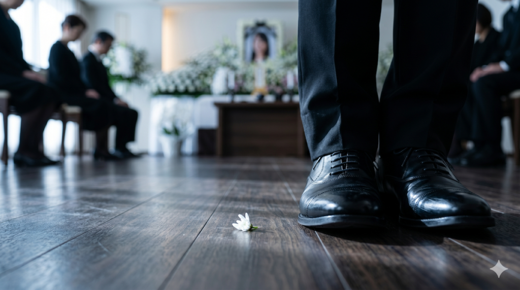 葬儀に参列する大学生のリクルートスーツと黒い靴
