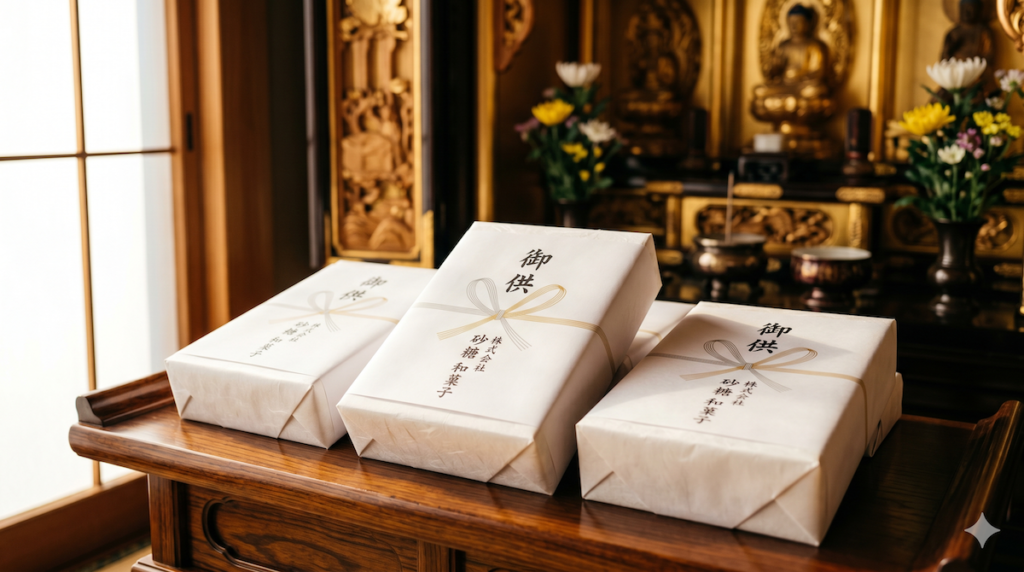 四十九日法要の供え物として仏壇に置かれた、熨斗（のし）付きの白い砂糖の箱に朝日が差し込む様子。