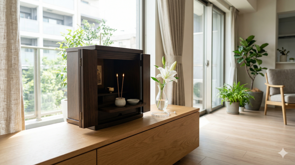 マンションの窓際に置かれたモダンなミニ仏壇と、優しく光るLED電子線香の高品質な写真