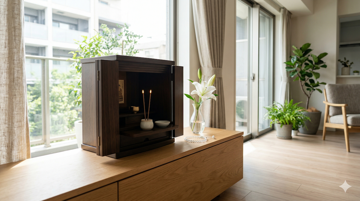 マンションの窓際に置かれたモダンなミニ仏壇と、優しく光るLED電子線香の高品質な写真