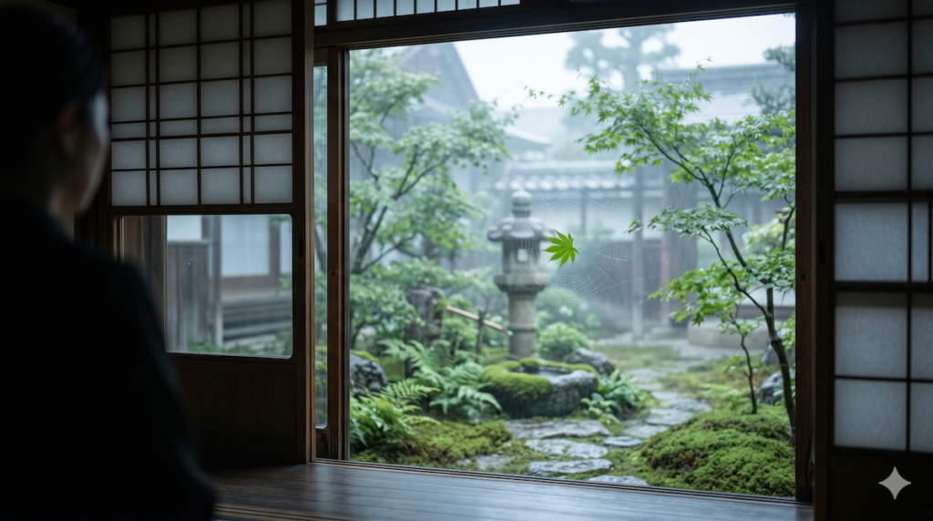 葬儀会場から見える静かな日本庭園と苔の石