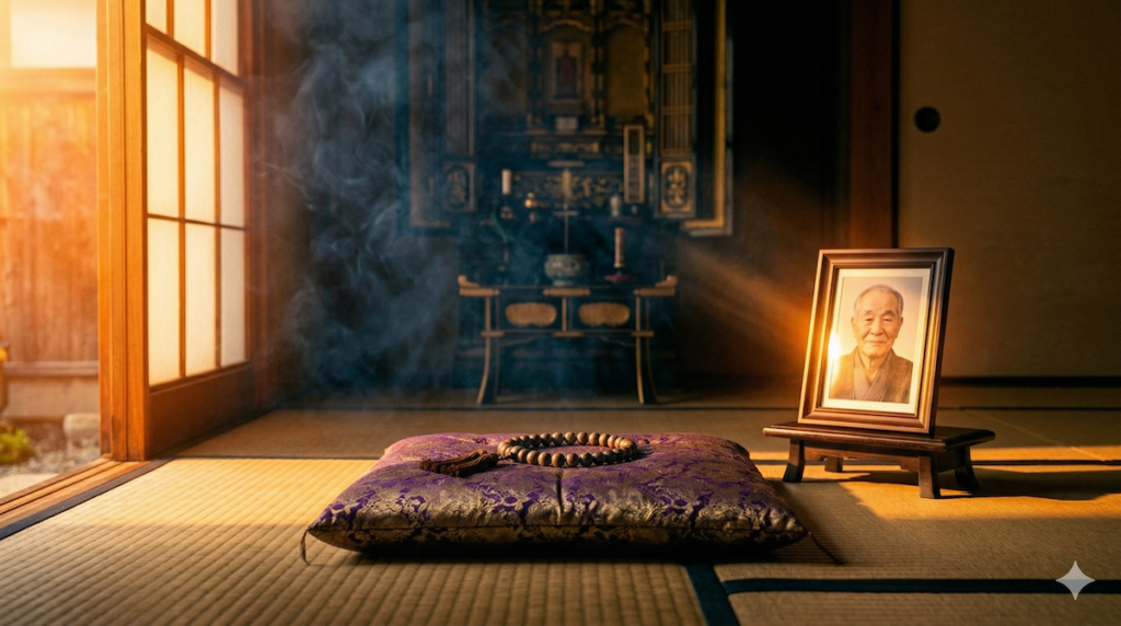 和尚様が座っていた座布団と、夕日に照らされて黄金に輝くお父様の写真。規律よりも深い「戦友としての慈悲」と、明日への希望を象徴する静謐な生の写真。