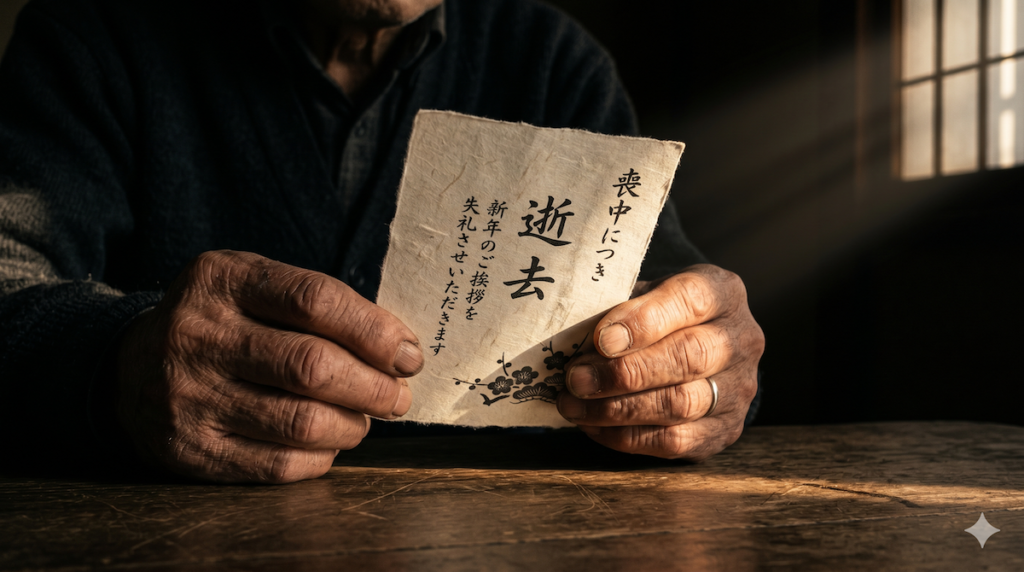 暮れ方の光の中で、喪中ハガキを静かに見つめる日本人の手元の写真