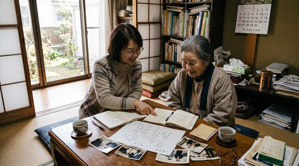 手帳と家系図を見ながら法要の相談をする親子